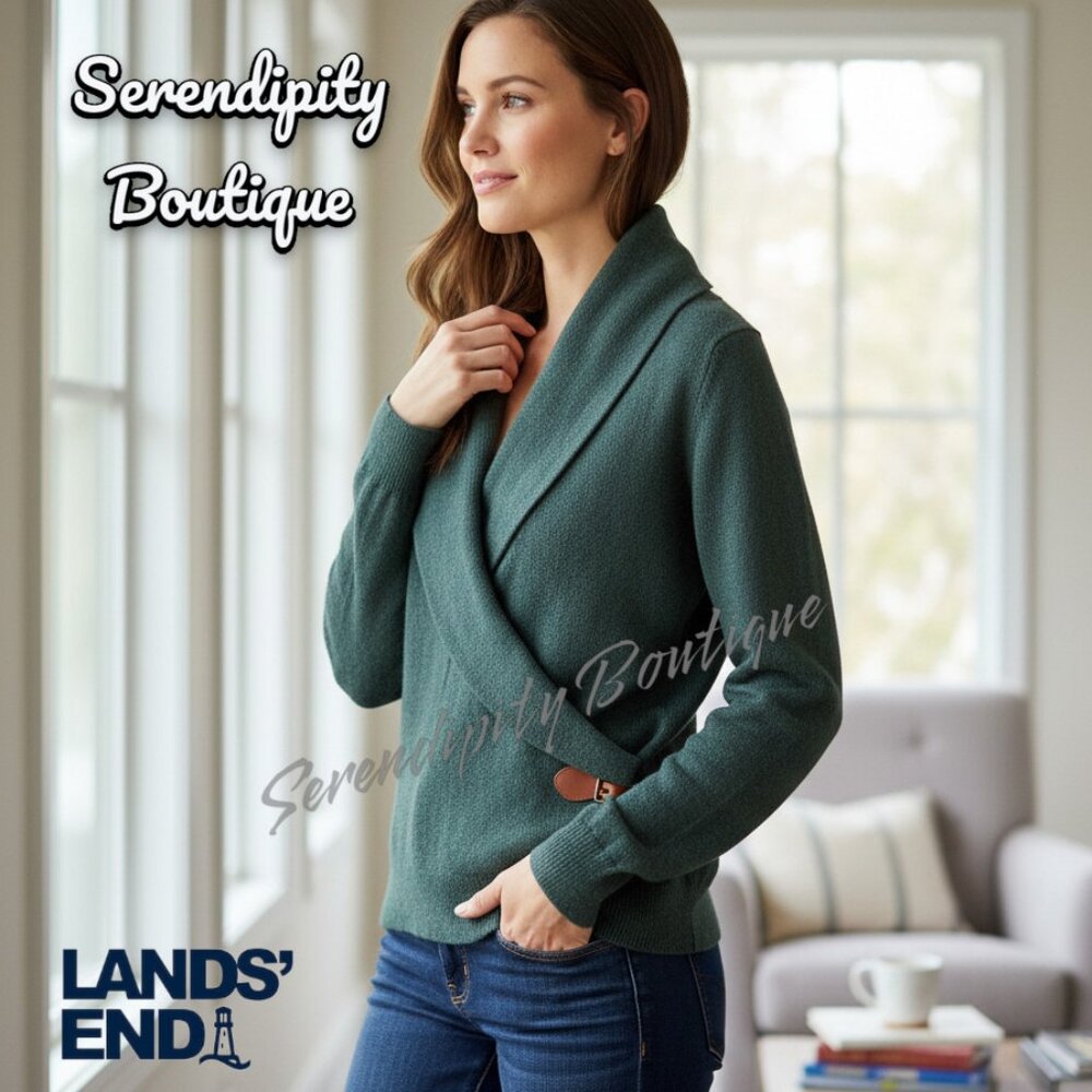 Lands End Vintage Cotton Wool Leather Buckle Strap Collar Preppy Sweater